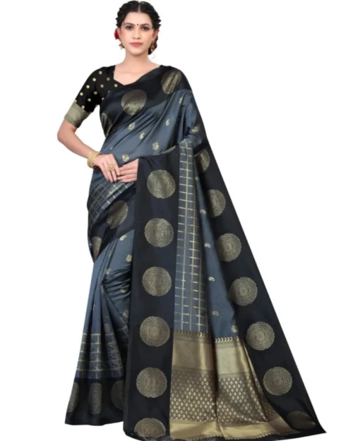 Generic Women's Soft Lichi Silk Printed Saree With Unstitched Blouse 5.5Mtr (Black)
