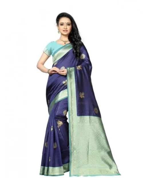Generic Women's Soft Lichi Silk Printed Saree With Unstitched Blouse 5.5Mtr (Navy Blue)