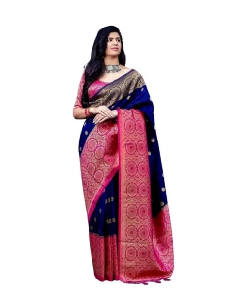 Generic Women's Soft Lichi Silk Printed Saree With Unstitched Blouse 5.5Mtr (Blue)