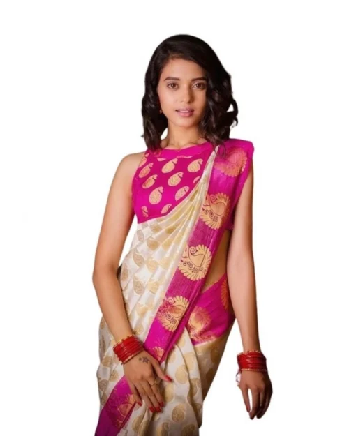 Generic Women's Soft Lichi Silk Printed Saree With Unstitched Blouse 5.5Mtr (White)