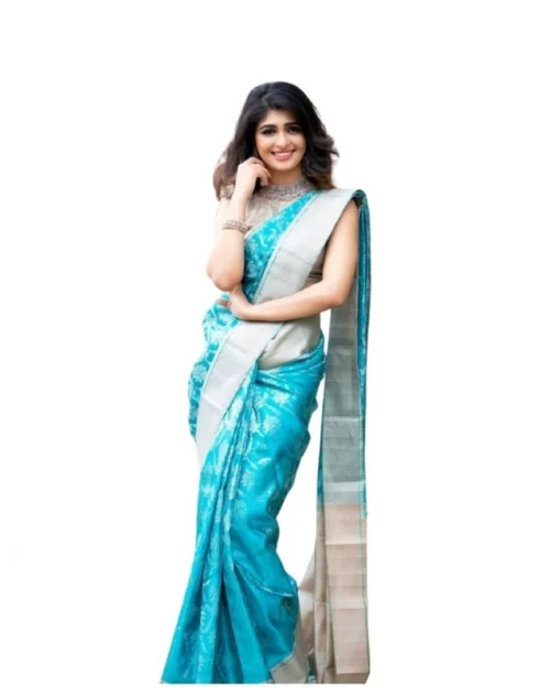 Generic Women's Soft Lichi Silk Printed Saree With Unstitched Blouse 5.5Mtr (Sky-Blue)