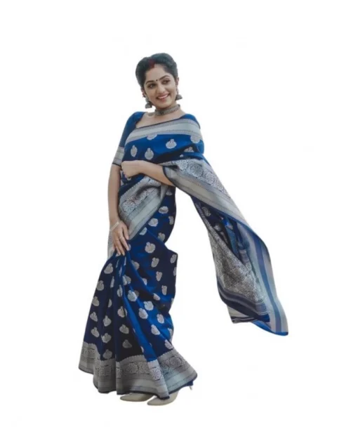 Generic Women's Soft Lichi Silk Printed Saree With Unstitched Blouse 5.5Mtr (Blue)