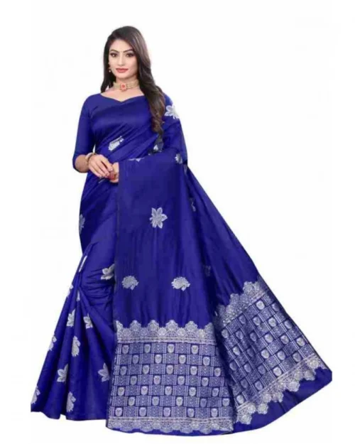 Generic Women's Soft Lichi Silk Printed Saree With Unstitched Blouse 5.5Mtr (Blue)
