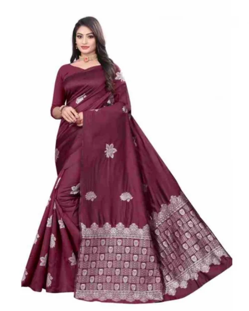 Generic Women's Soft Lichi Silk Printed Saree With Unstitched Blouse 5.5Mtr (Wine)