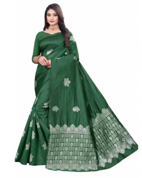 Generic Women's Soft Lichi Silk Printed Saree With Unstitched Blouse 5.5Mtr (Green)