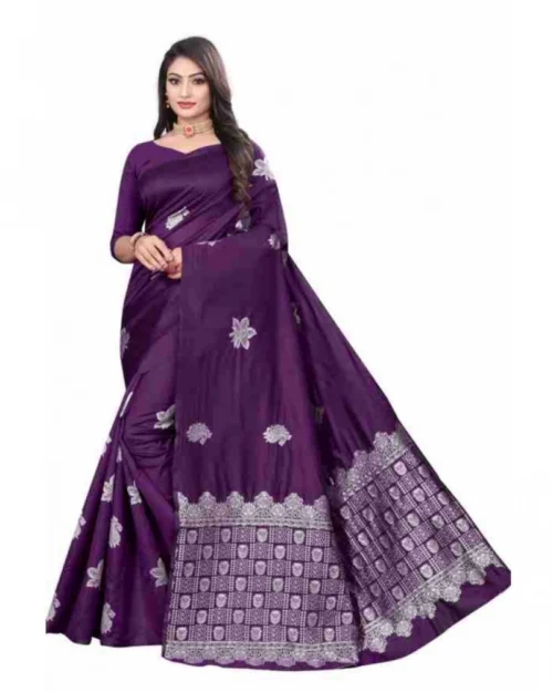 Generic Women's Soft Lichi Silk Printed Saree With Unstitched Blouse 5.5Mtr (Purple)