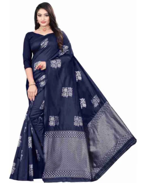 Generic Women's Soft Lichi Silk Printed Saree With Unstitched Blouse 5.5Mtr (Blue)