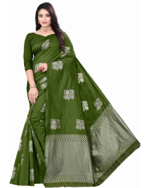 Generic Women's Soft Lichi Silk Printed Saree With Unstitched Blouse 5.5Mtr (Green)