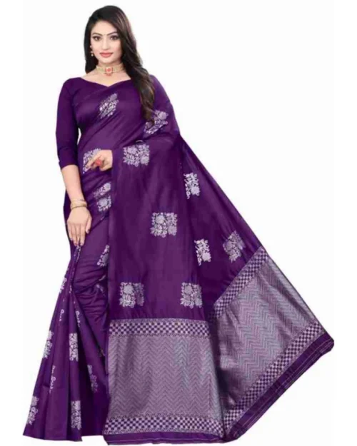 Generic Women's Soft Lichi Silk Printed Saree With Unstitched Blouse 5.5Mtr (Purple)