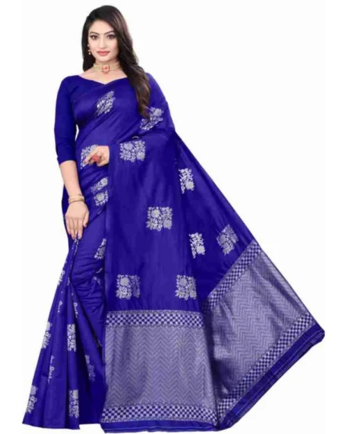 Generic Women's Soft Lichi Silk Printed Saree With Unstitched Blouse 5.5Mtr (Royal-Blue)
