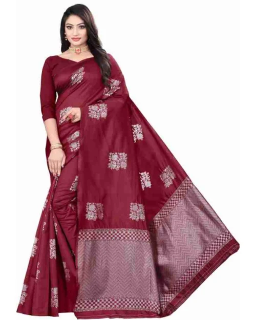 Generic Women's Soft Lichi Silk Printed Saree With Unstitched Blouse 5.5Mtr (Maroon)