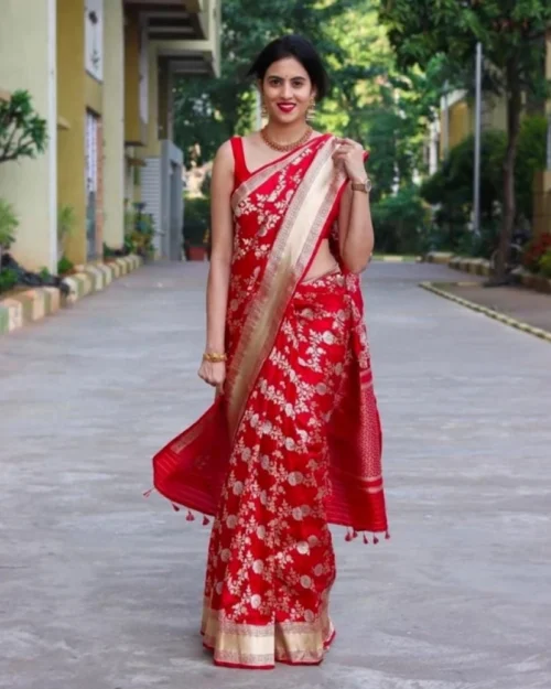 Generic Women's Soft Lichi Silk Printed Saree With Unstitched Blouse 5.5Mtr (Red)