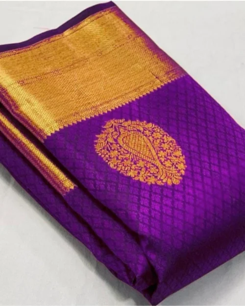 Generic Women's Soft Lichi Silk Printed Saree With Unstitched Blouse 5.5Mtr (Purple)