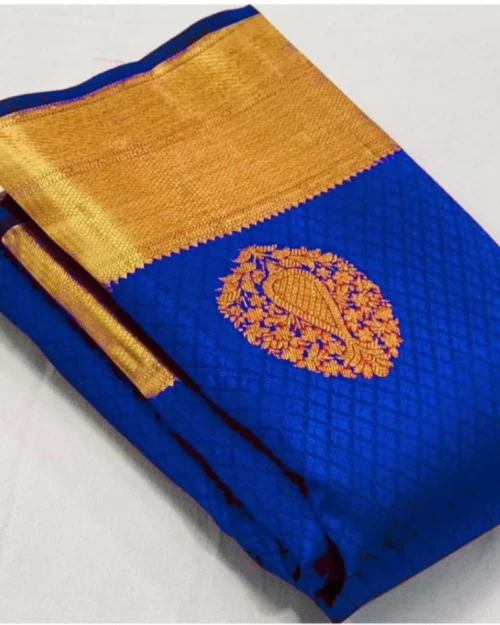 Generic Women's Soft Lichi Silk Printed Saree With Unstitched Blouse 5.5Mtr (Royal-Blue)