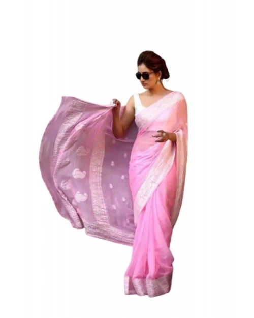 Generic Women's Soft Lichi Silk Printed Saree With Unstitched Blouse 5.5Mtr (Pink)