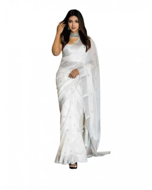 Generic Women's Soft Lichi Silk Printed Saree With Unstitched Blouse 5.5Mtr (White)