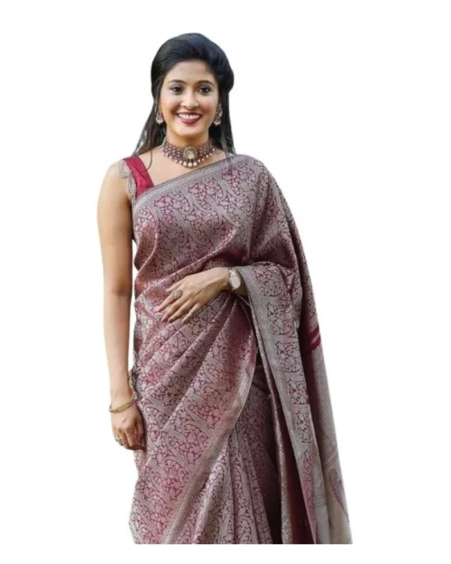 Generic Women's Soft Lichi Silk Printed Saree With Unstitched Blouse 5.5Mtr (Wine)