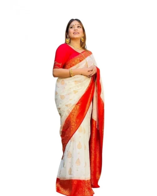 Generic Women's Soft Lichi Silk Printed Saree With Unstitched Blouse 5.5Mtr (White)