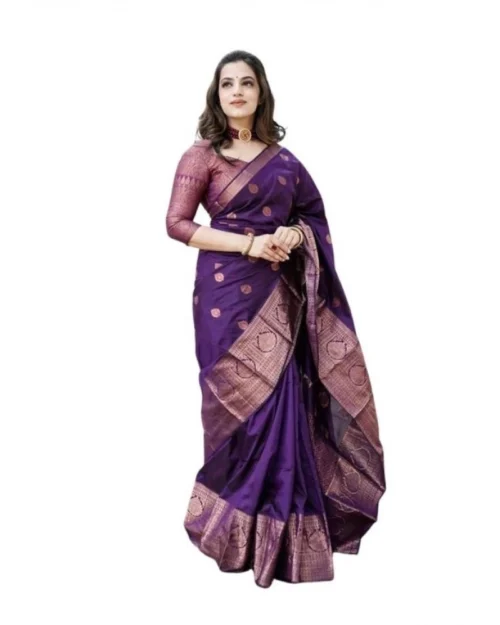 Generic Women's Soft Lichi Silk Printed Saree With Unstitched Blouse 5.5Mtr (Blue)