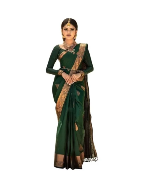 Generic Women's Soft Lichi Silk Printed Saree With Unstitched Blouse 5.5Mtr (Green)