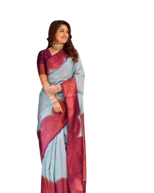 Generic Women's Soft Lichi Silk Printed Saree With Unstitched Blouse 5.5Mtr (Light-Blue)