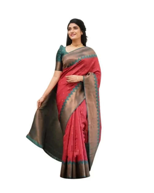 Generic Women's Soft Lichi Silk Printed Saree With Unstitched Blouse 5.5Mtr (Red)
