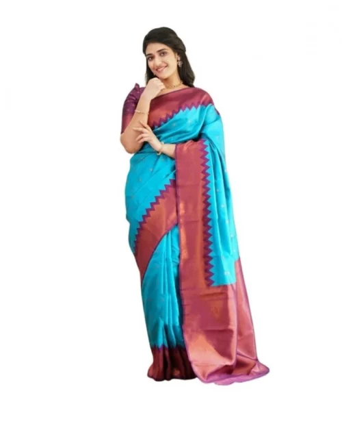 Generic Women's Soft Lichi Silk Printed Saree With Unstitched Blouse 5.5Mtr (Sky-Blue)