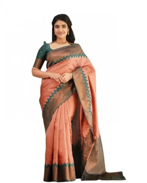 Generic Women's Soft Lichi Silk Printed Saree With Unstitched Blouse 5.5Mtr (Peach)