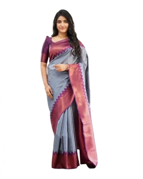 Generic Women's Soft Lichi Silk Printed Saree With Unstitched Blouse 5.5Mtr (Grey)