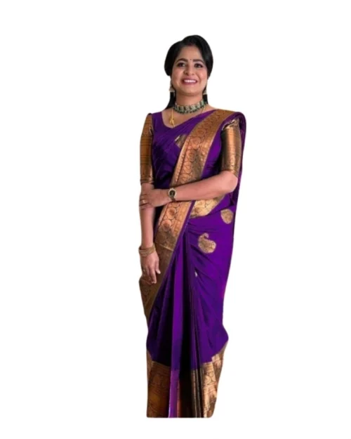 Generic Women's Soft Lichi Silk Printed Saree With Unstitched Blouse 5.5Mtr (Purple)