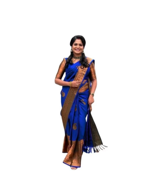 Generic Women's Soft Lichi Silk Printed Saree With Unstitched Blouse 5.5Mtr (Navy-Blue)