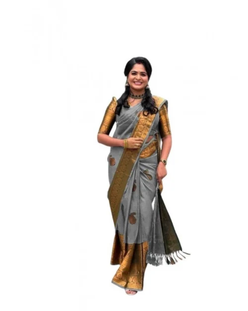 Generic Women's Soft Lichi Silk Printed Saree With Unstitched Blouse 5.5Mtr (Grey)