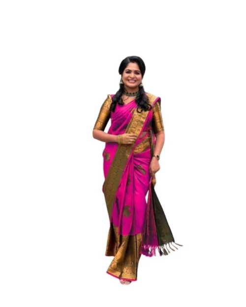Generic Women's Soft Lichi Silk Printed Saree With Unstitched Blouse 5.5Mtr (Pink)