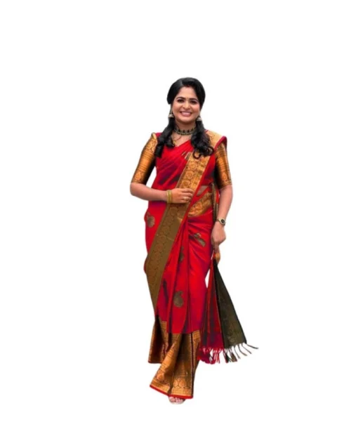 Generic Women's Soft Lichi Silk Printed Saree With Unstitched Blouse 5.5Mtr (Red)