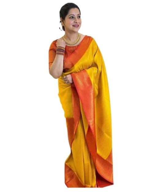 Generic Women's Soft Lichi Silk Printed Saree With Unstitched Blouse 5.5Mtr (Mustard )