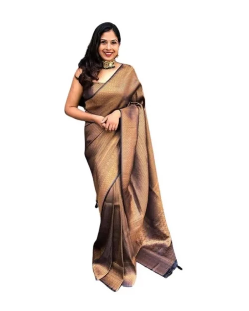 Generic Women's Soft Lichi Silk Printed Saree With Unstitched Blouse 5.5Mtr (Black-Gold)