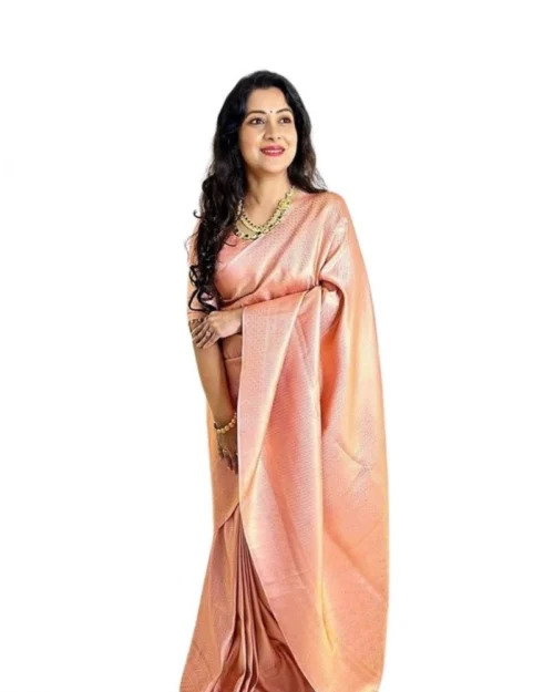 Generic Women's Soft Lichi Silk Printed Saree With Unstitched Blouse 5.5Mtr (Peach)