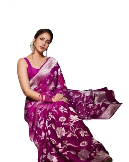 Generic Women's Soft Lichi Silk Printed Saree With Unstitched Blouse 5.5Mtr (Purple)