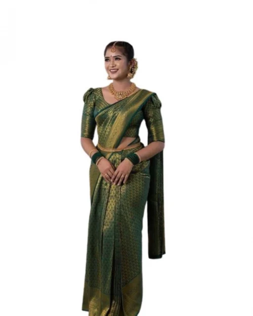 Generic Women's Soft Lichi Silk Printed Saree With Unstitched Blouse 5.5Mtr (Green)