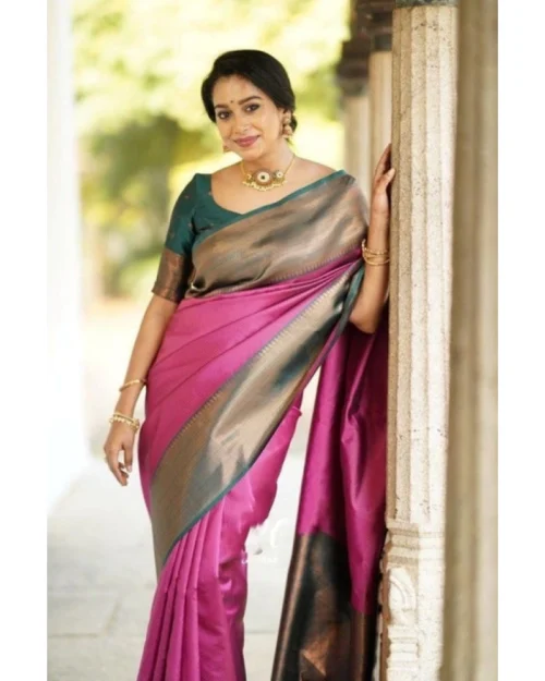 Generic Women's Soft Lichi Silk Printed Saree With Unstitched Blouse 5.5Mtr (Pink)