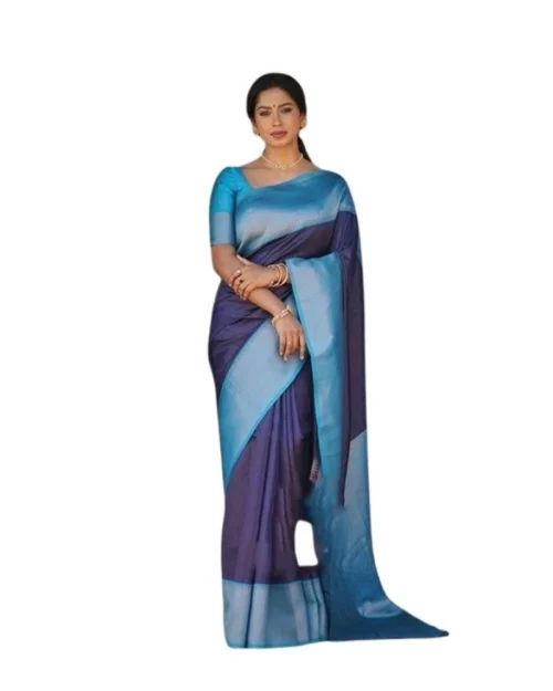 Generic Women's Soft Lichi Silk Printed Saree With Unstitched Blouse 5.5Mtr (Blue)