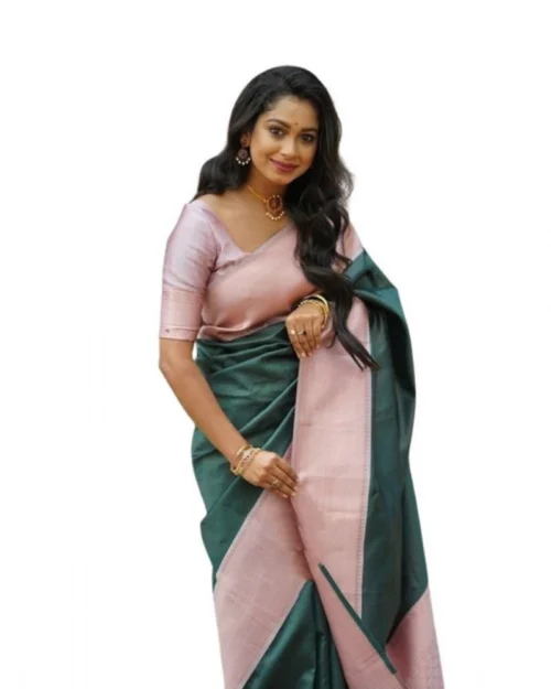 Generic Women's Soft Lichi Silk Printed Saree With Unstitched Blouse 5.5Mtr (Green)