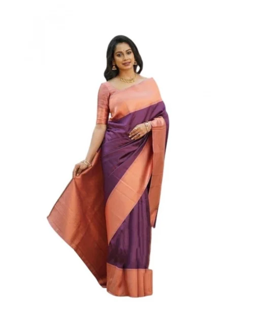 Generic Women's Soft Lichi Silk Printed Saree With Unstitched Blouse 5.5Mtr (Purple)