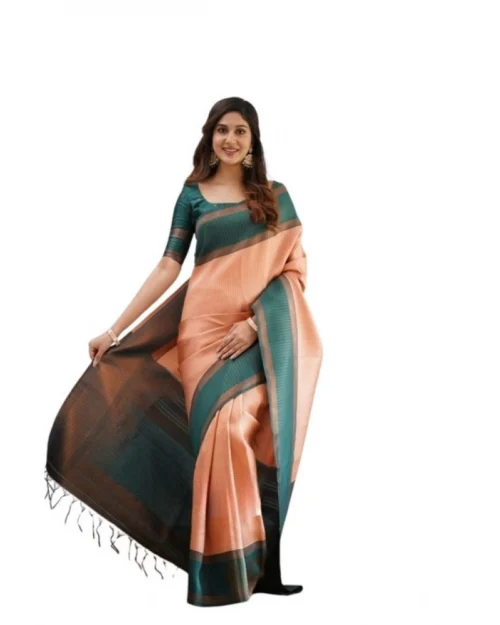 Generic Women's Soft Lichi Silk Printed Saree With Unstitched Blouse 5.5Mtr (Orange)