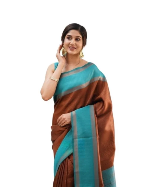 Generic Women's Soft Lichi Silk Printed Saree With Unstitched Blouse 5.5Mtr (Brown)