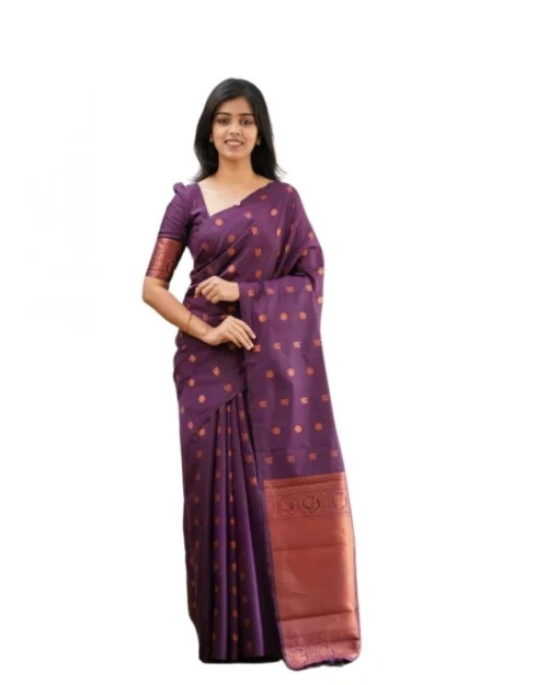 Generic Women's Soft Lichi Silk Printed Saree With Unstitched Blouse 5.5Mtr (Purple)