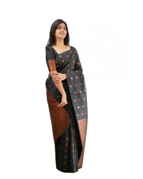 Generic Women's Soft Lichi Silk Printed Saree With Unstitched Blouse 5.5Mtr (Black)