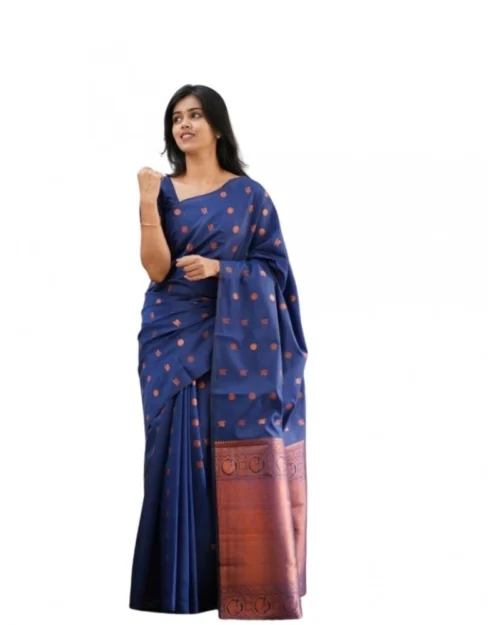 Generic Women's Soft Lichi Silk Printed Saree With Unstitched Blouse 5.5Mtr (Blue)