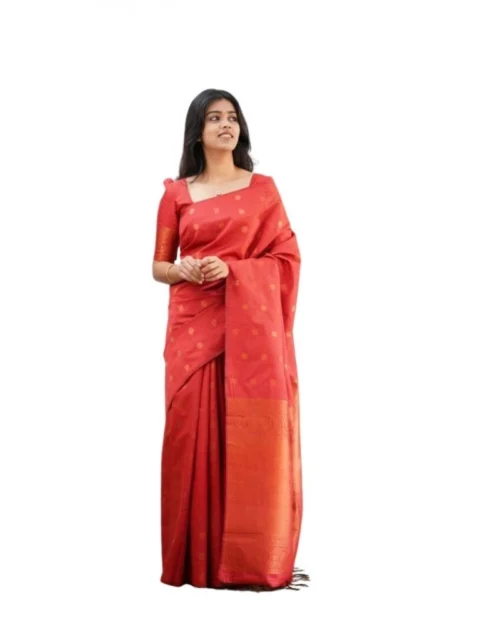 Generic Women's Soft Lichi Silk Printed Saree With Unstitched Blouse 5.5Mtr (Red)