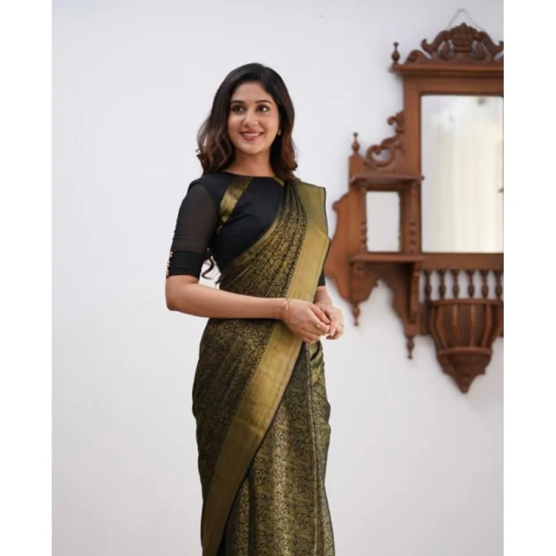 Generic Women's Soft Lichi Silk Printed Saree With Unstitched Blouse 5.5Mtr (Green)